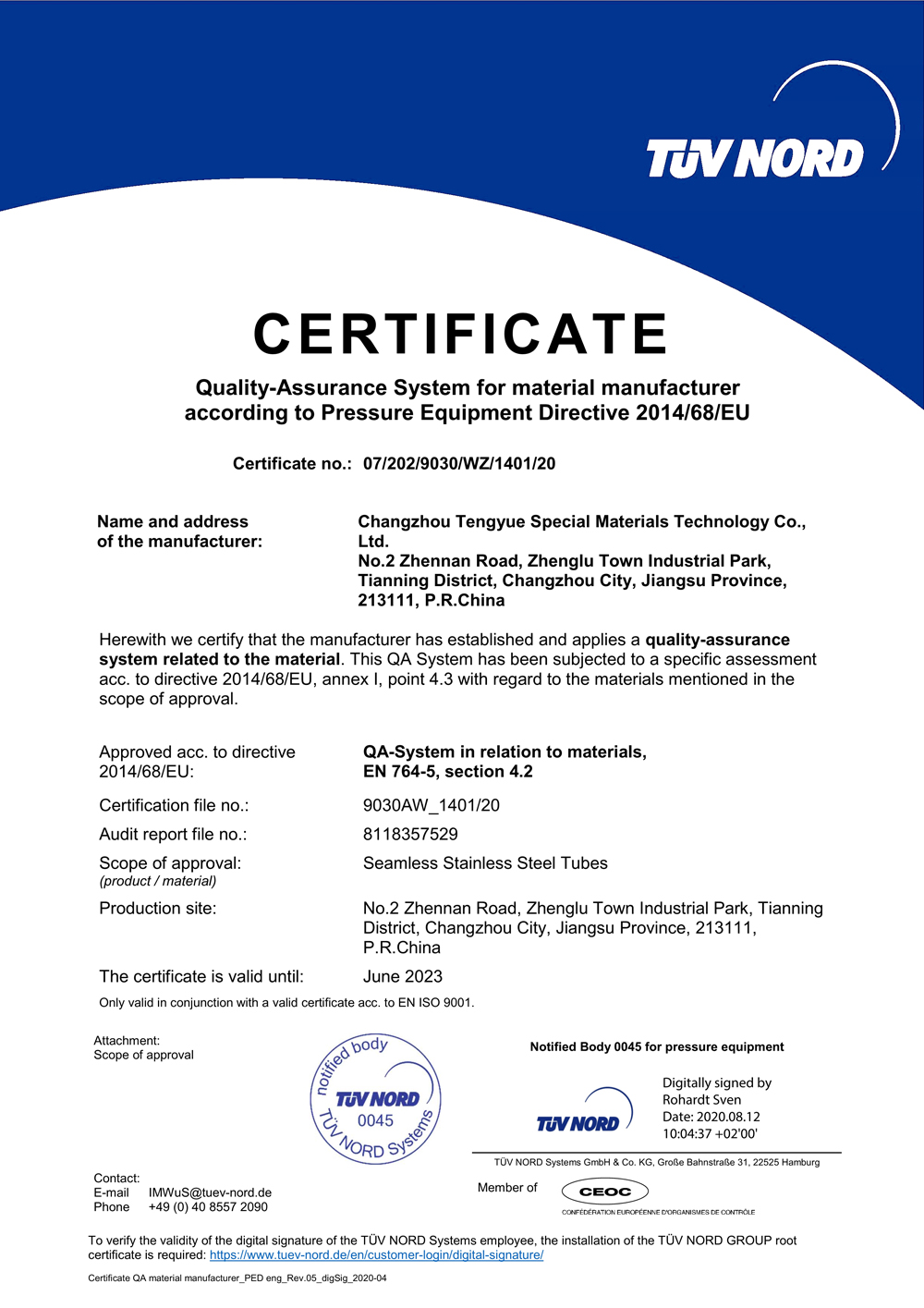 PED & ISO9001 Certificates have been Updated on July, 2020